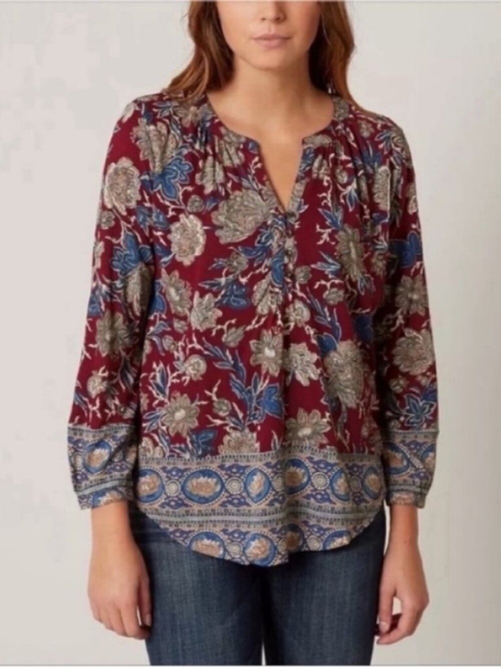 Lucky Brand Sz 1X Womens Knit Henley Top Tunic Burgundy/Multi Paisley Floral
